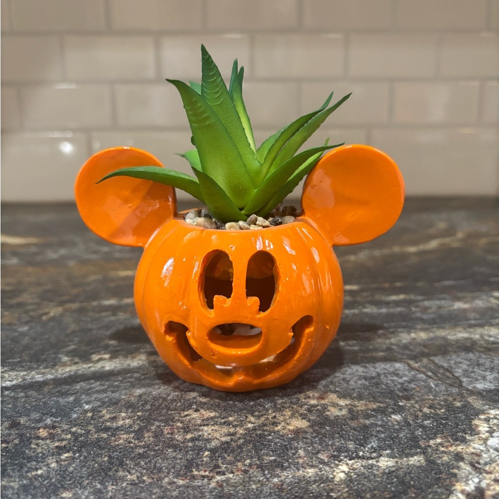 Mickey mouse pumpkin Planter with Green faux Succulent Halloween fall decor
